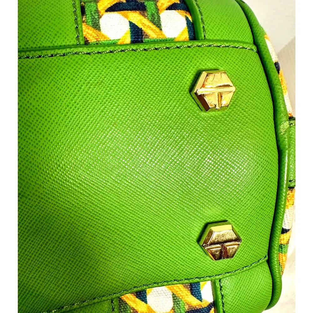 Tory Burch Green Nylon & Leather Boston Satchel Gold Hardware Bag Charm